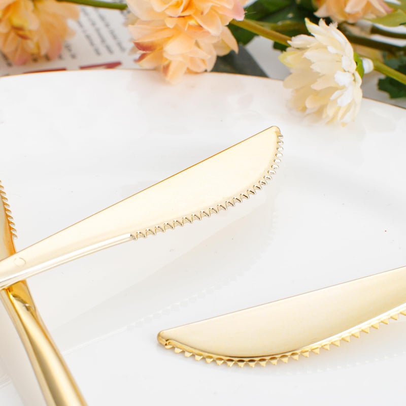 I00000 I00000 90 Pcs Gold Plastic Knives Plastic Silverware  Gold Disposable Utensils  Heavy Duty Disposable Knives Dinnerware Perfect for Parties  Wedding & Dinners  - Image 3