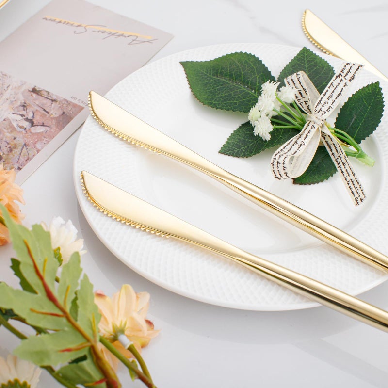 I00000 I00000 90 Pcs Gold Plastic Knives Plastic Silverware  Gold Disposable Utensils  Heavy Duty Disposable Knives Dinnerware Perfect for Parties  Wedding & Dinners  - Image 4