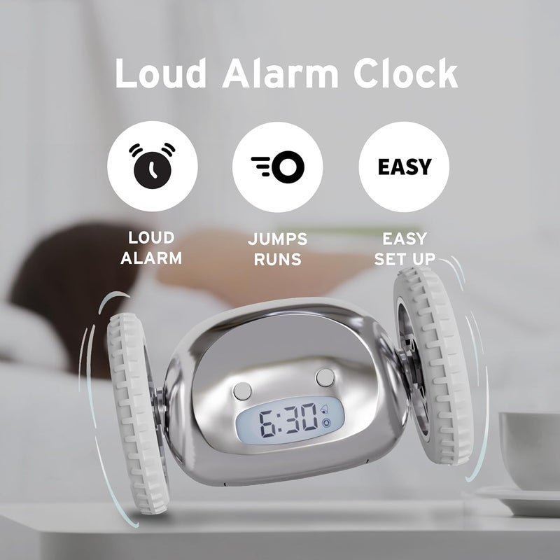 CLOCKY Alarm Clock on Wheels (Original) | Loudest for Heavy Sleeper (Adult or Kid Bed-Room Robot Clockie) Funny, Rolling, Run-away, Moving, Jumping (Chrome) - Image 2