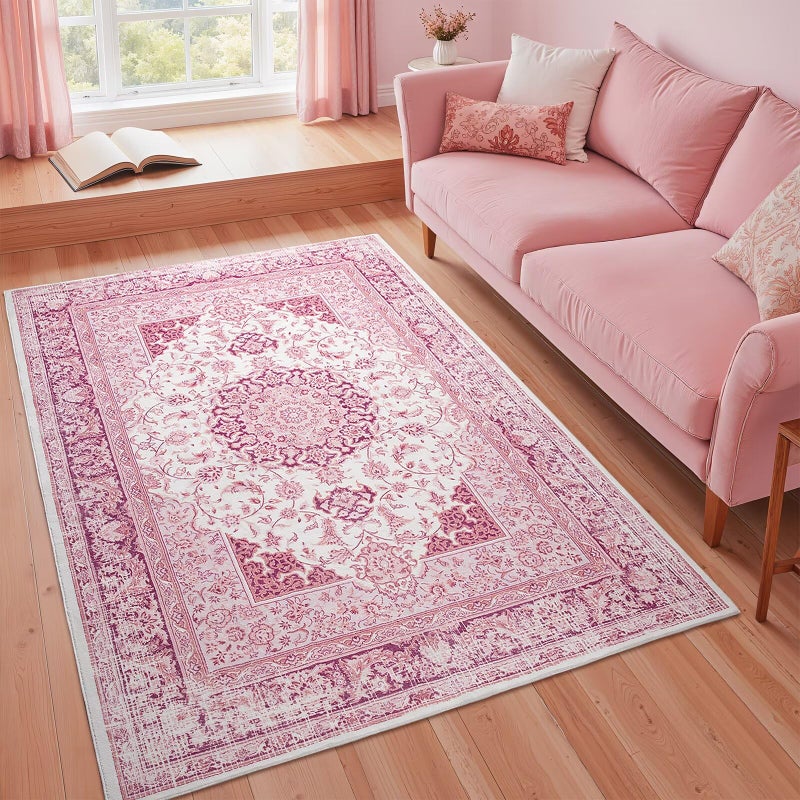Macgace Bright Pink Area Rug for Girls Bedroom, 4x6 Machine Washable Rugs with Non-Slip Backing for Living Room, Cute Vintage Carpet for Kitchen Laundry Kids Room - Image 2
