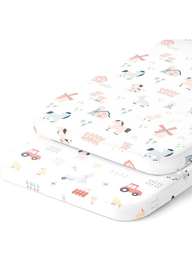 Joey + Joan Joey + Joan Bedside Sleeper Bassinet Fitted Sheets 33x20 for Maxi COSI Iora, Koola Baby, Baby Joy, Angelbliss, Kidsclub Bedside Bassinet – 100% Jersey Cotton – Farm Animals – 2 Pack - Image 1