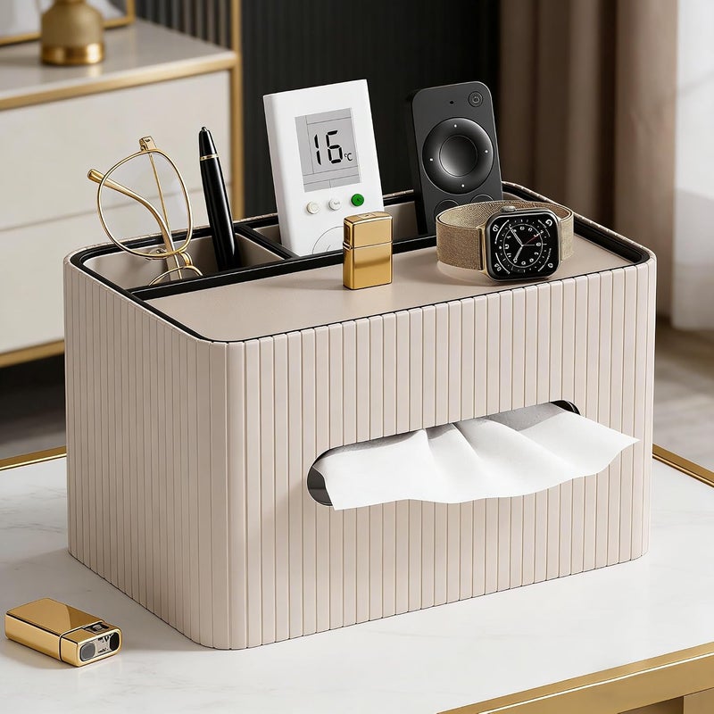 KINGFOM Leather Tissue Box Cover with Storage Tray, Decorative Tissue Box Holder Organizer for Office Desk, Bedroom & Nightstand, Remote Control Holder for Perfume, Watch, Glasses, Pens (Mocha Beige) - Image 2