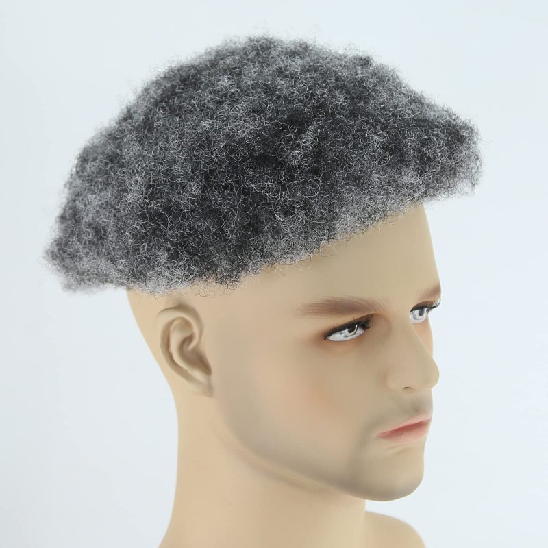 ZigZag Hair Afro Toupee for Black Men 1B Mix 50 Grey Fluffy Explosion Tight Afro Curly Mens Toupee Human Hair Short Hair Mono with PU Mens Wig 8x10inch Mens Hair Systems Hairpiece 1B Mix 50 Grey