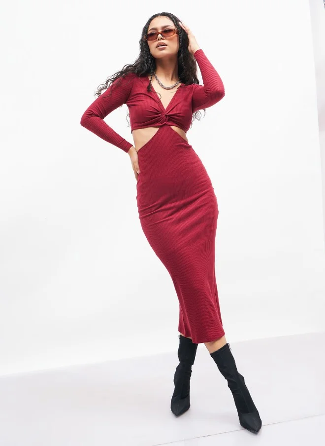 ساسافراس Maroon V-Neck Cut Out Bodycon Midi Dress for Women