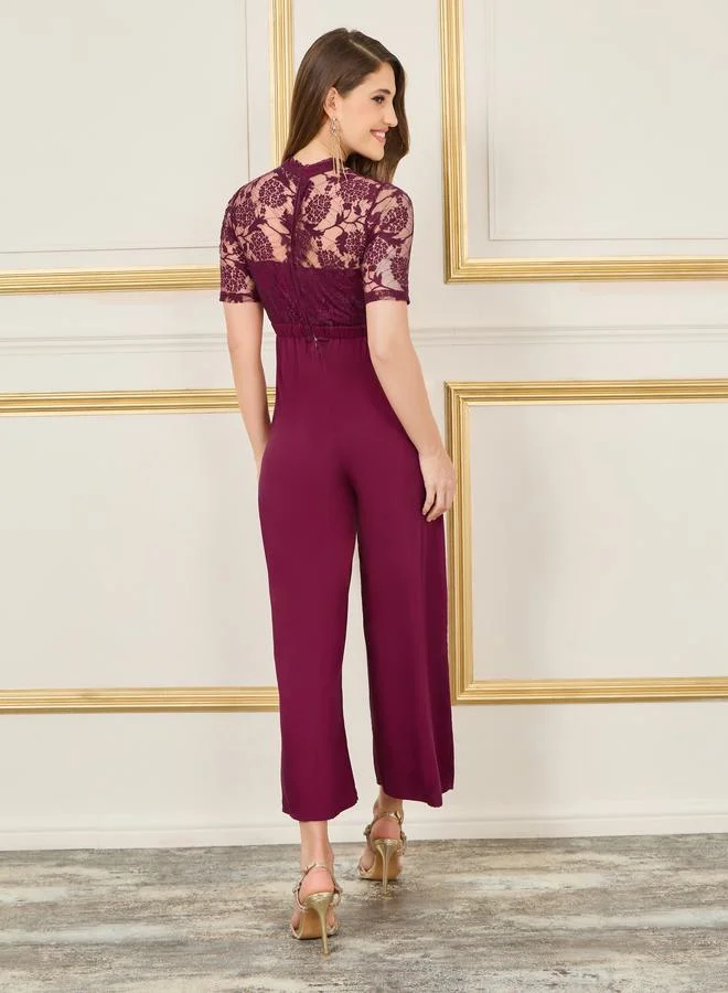 ستايلي Lace Detail High Neck Wide Leg Jumpsuit