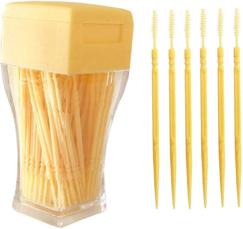 comfrt 200pcs Double-Head Toothpicks Soft Plastic Oral Care Interdental Floss Cleaners toothpicks,Braces Brush (Light Yellow) - Image 1