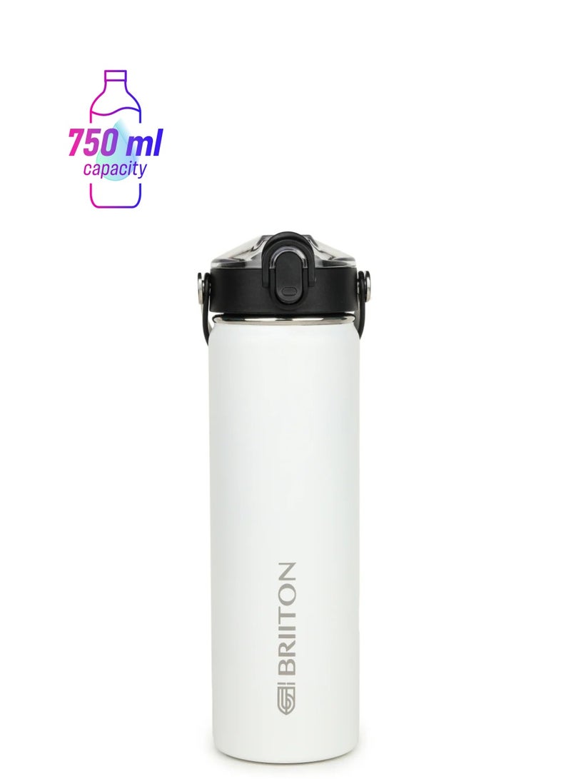 Briiton Nero 750ml White Stainless Steel Water Bottle |Copper Coated Vacuum Insulation|Food Grade Stainless Steel | Powder Coated | Secure Grip Leakproof Easy Pour Cap |Hot & Cold Thermos| Aqua Hydro  - Image 1