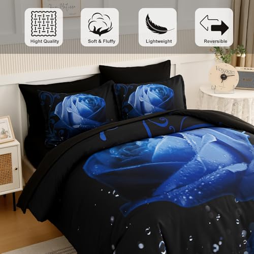 Xruibed Floral Comforter Queen Blue Bed in a Bag Rose Water Droplets Design 7PCs Comforter Set Soft Micorfiber Bedding Set (1 Comforter,2 Pillow Shams,1 Flat Sheet,1 Fitted Sheet,2 Pillowcases) - Image 4