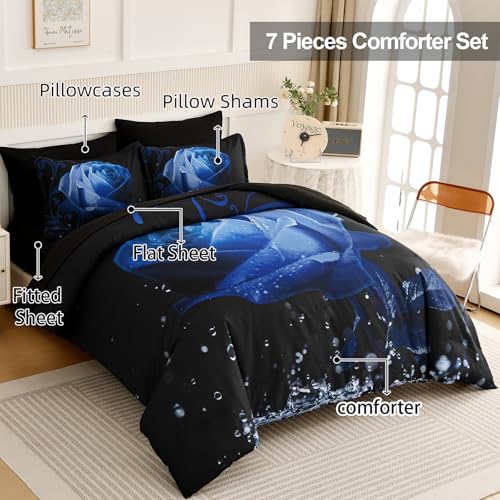 Xruibed Floral Comforter Queen Blue Bed in a Bag Rose Water Droplets Design 7PCs Comforter Set Soft Micorfiber Bedding Set (1 Comforter,2 Pillow Shams,1 Flat Sheet,1 Fitted Sheet,2 Pillowcases) - Image 2