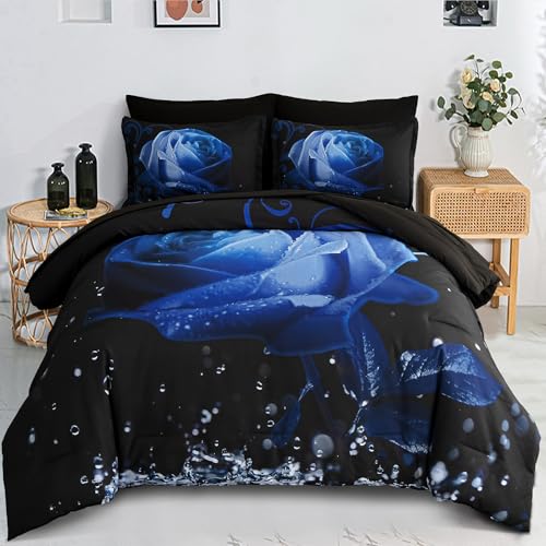 Xruibed Floral Comforter Queen Blue Bed in a Bag Rose Water Droplets Design 7PCs Comforter Set Soft Micorfiber Bedding Set (1 Comforter,2 Pillow Shams,1 Flat Sheet,1 Fitted Sheet,2 Pillowcases) - Image 1
