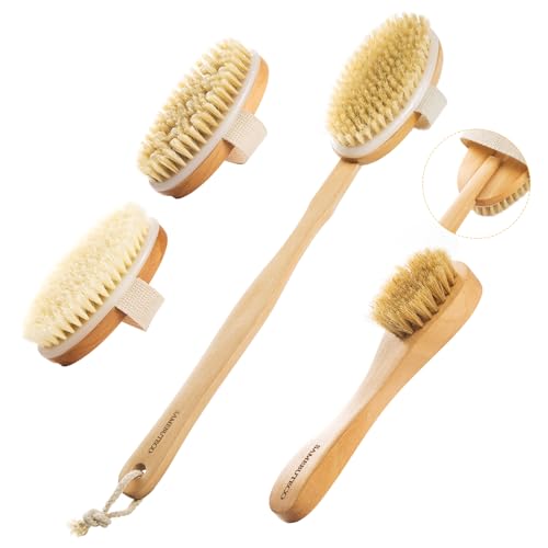 SAMEBUTECO Dry Brushing Body Brush Set Wood Long Handle with 3 Detachable Heads Face BrushBody Scrubber Boar Bristle Exfoliator for Lymphatic Drainage and CelluliteBack Scrubber for Shower