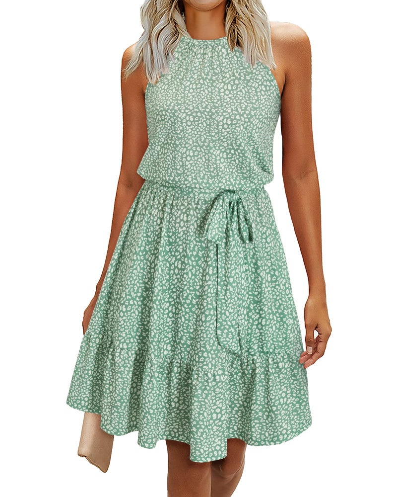 Newshows Women's 2026 Summer Dress Halter Casual Beach Vacation Outfits Hawaiian Dresses Ruffle Belted Sundress with Pockets(Floral-8, S) - Image 1