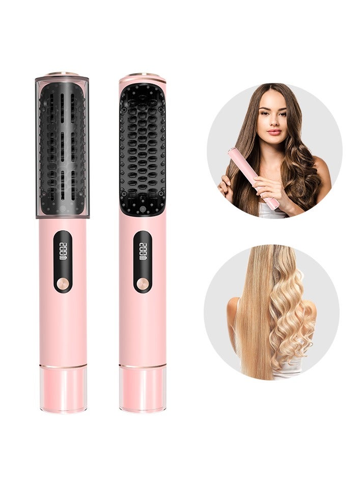 Portable Cordless Hair Straightener Brush with 5 Temp, 2 in 1 Straightener Brush and Curler for Women, Negative Ion Heated Hair Straightener Brush for Travel, in All Hair Type, Digital Power Display - Image 1