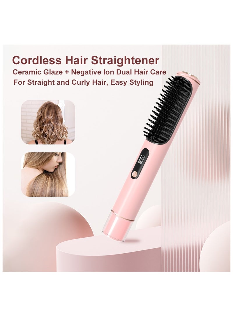 Portable Cordless Hair Straightener Brush with 5 Temp, 2 in 1 Straightener Brush and Curler for Women, Negative Ion Heated Hair Straightener Brush for Travel, in All Hair Type, Digital Power Display - Image 2