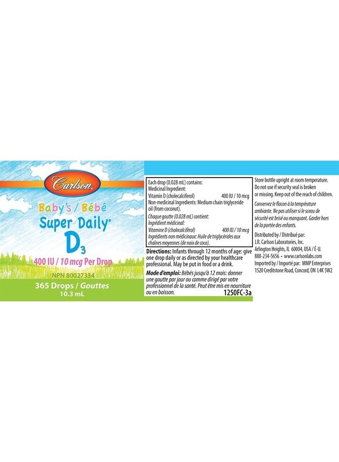 Carlson قطرات فيتامين د للأطفال، 400 وحدة دولية (10 ميكروغرام) لكل قطرة، إمداد لمدة سنة، نباتي، قطرات فيتامين د للسكان الصغار، بدون نكهة، 365 قطرة - Image 2