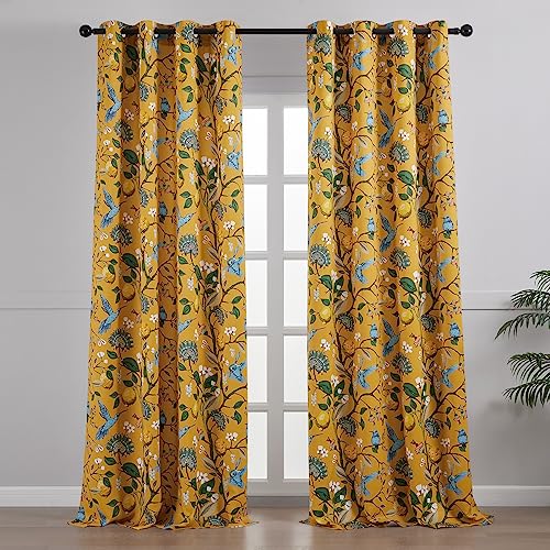 Topfinel Mustard Yellow Vintage Curtains & Drapes 84 Inches Long, Grommet Luxury Whimsical Floral Lemon Hummingbird Patterned Waverly Mid Century Colorful Blackout Drapes for Living Room Bedroom - Image 2