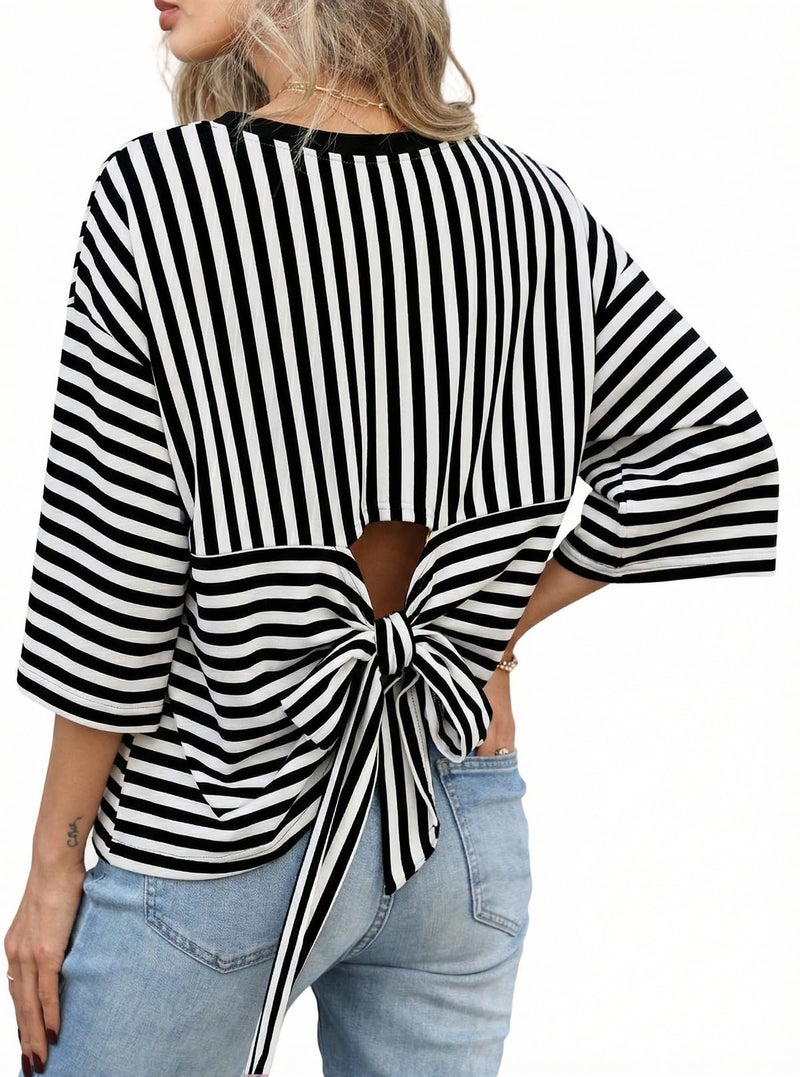 Dokotoo Shirts for Women 2026 Summer Casual Striped Colorblock Short Sleeves Tops Fashion Crewneck Backless Tshirts Workout Clothing Pink Large - Image 3