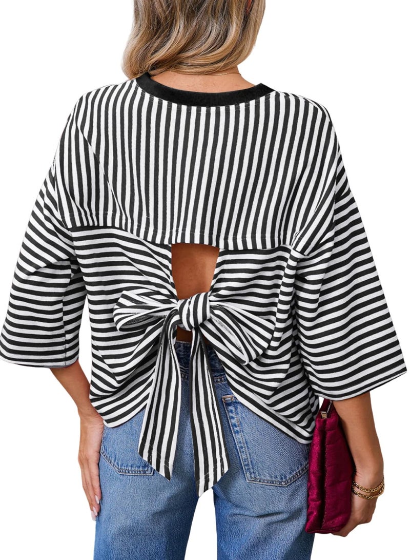 Dokotoo Shirts for Women 2026 Summer Casual Striped Colorblock Short Sleeves Tops Fashion Crewneck Backless Tshirts Workout Clothing Pink Large - Image 1