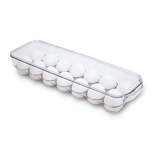 Smart Design Stackable Refrigerator Egg Holder Bin with Handle and Lid - BPA Free Plastic - Fridge Drawer, Freezer Tray, Kitchen Pantry Storage Container Organizer - 14.65 x 3.25 Inch - Clear - Image 1