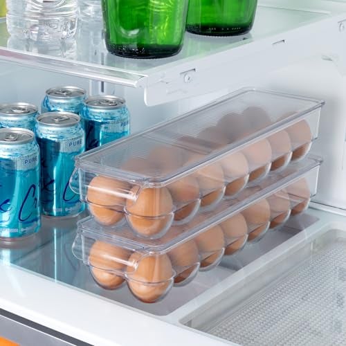 Smart Design Stackable Refrigerator Egg Holder Bin with Handle and Lid - BPA Free Plastic - Fridge Drawer, Freezer Tray, Kitchen Pantry Storage Container Organizer - 14.65 x 3.25 Inch - Clear - Image 4