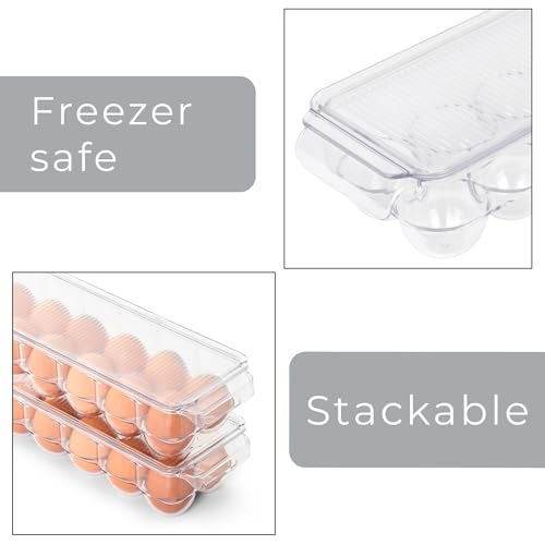 Smart Design Stackable Refrigerator Egg Holder Bin with Handle and Lid - BPA Free Plastic - Fridge Drawer, Freezer Tray, Kitchen Pantry Storage Container Organizer - 14.65 x 3.25 Inch - Clear - Image 5
