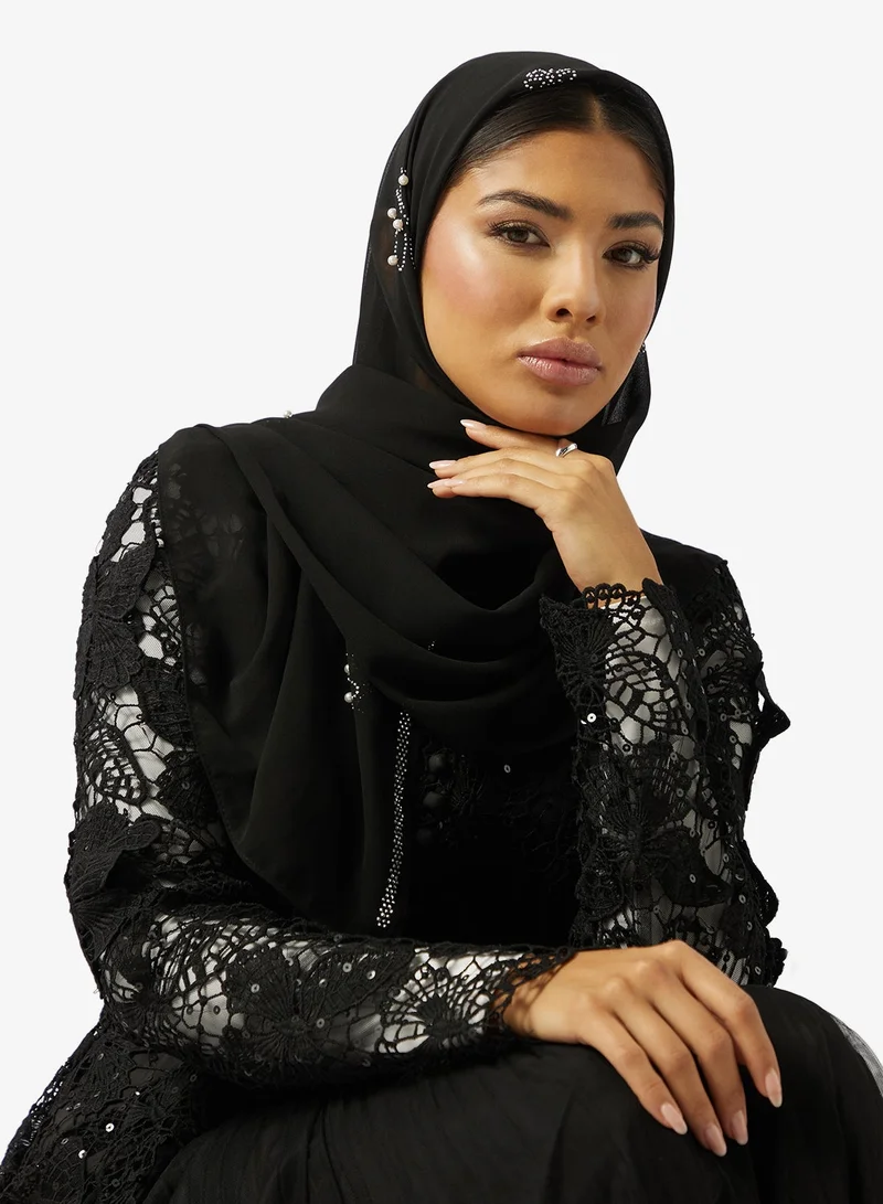 Khizana Black Embellished Rhinestone Silver And Pearl Detail Modest Hijab Headscarf for Women | Best Price UAE