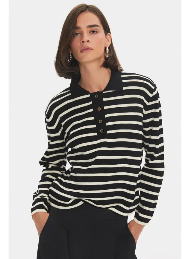 جون June Women Buttoned Striped Polo Neck Knitwear Sweater Black