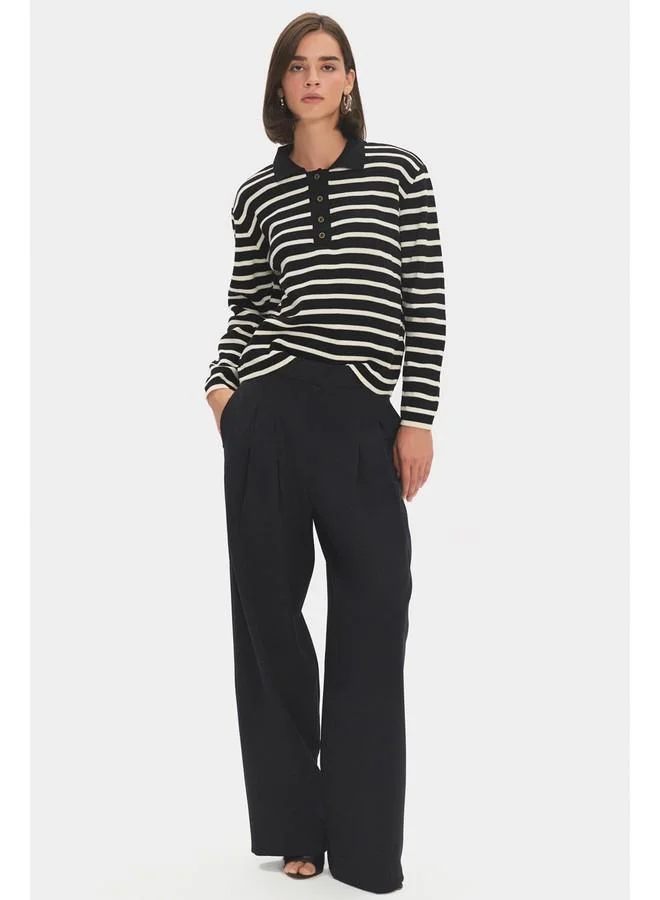 جون June Women Buttoned Striped Polo Neck Knitwear Sweater Black
