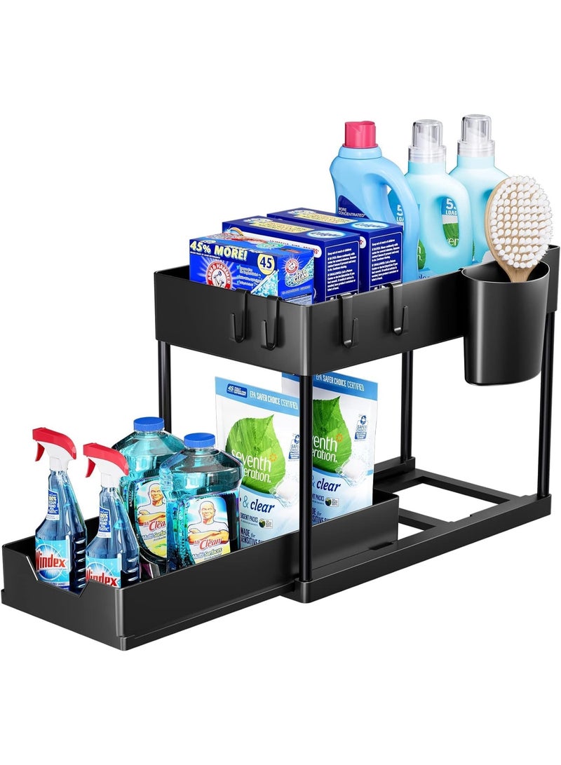 Streamflow Under Sink Organizer, 2-Tier Bathroom Cabinet Organizer with Sliding Basket – Multi-Purpose Under Sink Storage for Bathroom & Kitchen, Black, Pack of 1 - Image 1