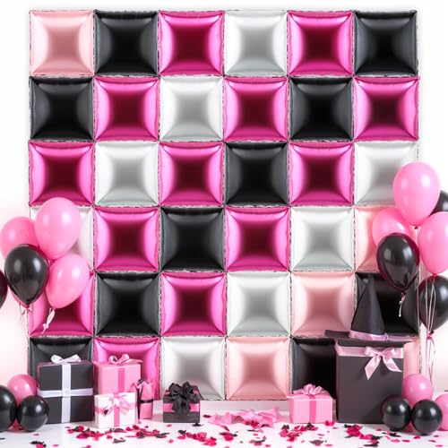 Charnoel 36 Pcs Black Pink Decorations Balloons Brick Square Foil Balloon Wall Backdrop Arch Kit Double Sided Metallic for Cartoon Video Game Birthday Party Supplies Black Pink Silver - Image 1