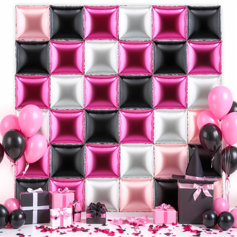 Charnoel 36 Pcs Black Pink Decorations Balloons Brick Square Foil Balloon Wall Backdrop Arch Kit Double Sided Metallic for Cartoon Video Game Birthday Party Supplies Black Pink Silver - Image 3