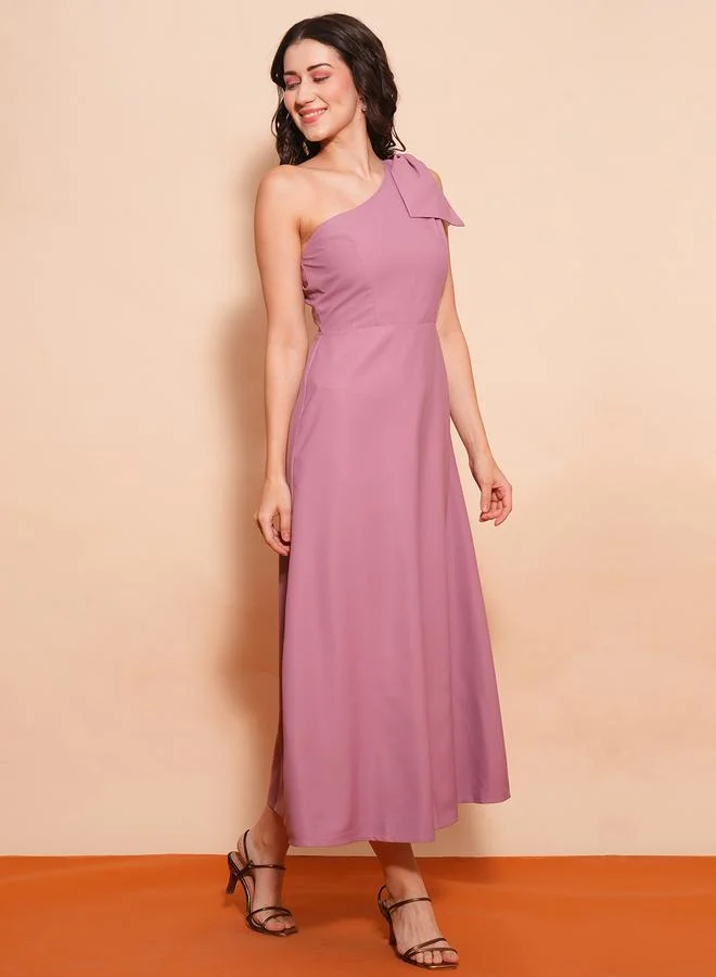 جلو باص Globus Women Pink Solid One Shoulder A-Line Maxi Dress with Bow Detail