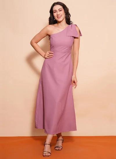 globus Globus Women Pink Solid One Shoulder A-Line Maxi Dress with Bow Detail