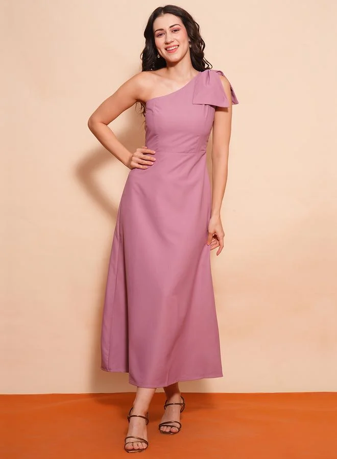 جلو باص Globus Women Pink Solid One Shoulder A-Line Maxi Dress with Bow Detail