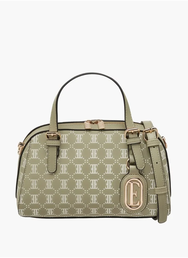 ELLE Women All-Over Monogram Print Tote Bag with Detachable Strap and Zip Closure