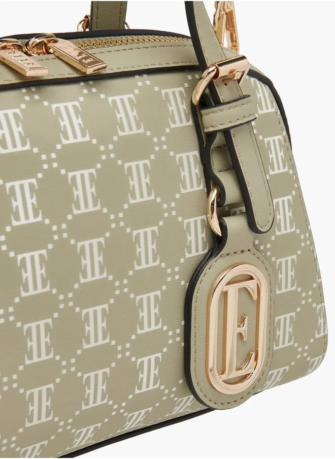 ELLE Women All-Over Monogram Print Tote Bag with Detachable Strap and Zip Closure