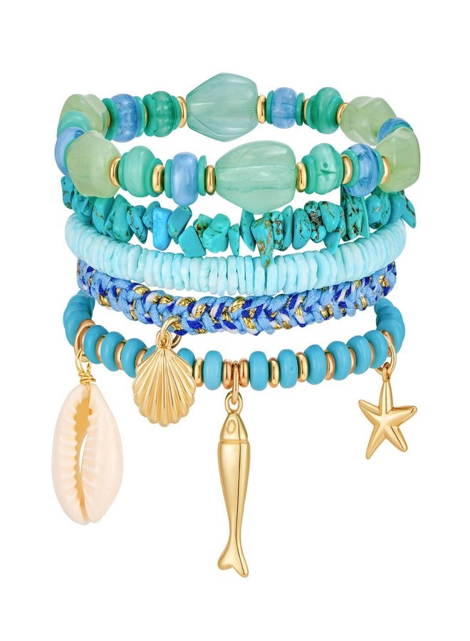 WOWORAMA 5PCS Layered Beads Bracelet Set for Women Gold Sea Shell Fish Charm Bracelet Blue Stackable Summer Surfer Bracelets Boho Multi Layer Strand Bracelets - Image 1
