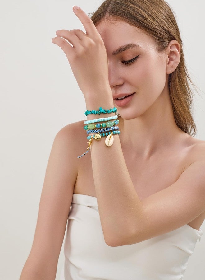 WOWORAMA 5PCS Layered Beads Bracelet Set for Women Gold Sea Shell Fish Charm Bracelet Blue Stackable Summer Surfer Bracelets Boho Multi Layer Strand Bracelets - Image 2