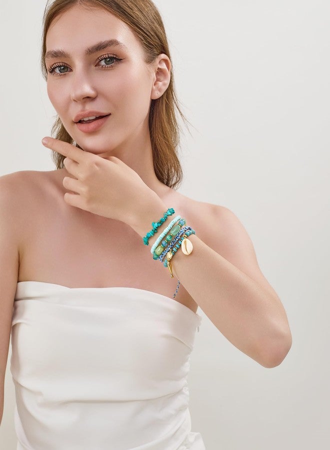 WOWORAMA 5PCS Layered Beads Bracelet Set for Women Gold Sea Shell Fish Charm Bracelet Blue Stackable Summer Surfer Bracelets Boho Multi Layer Strand Bracelets - Image 3