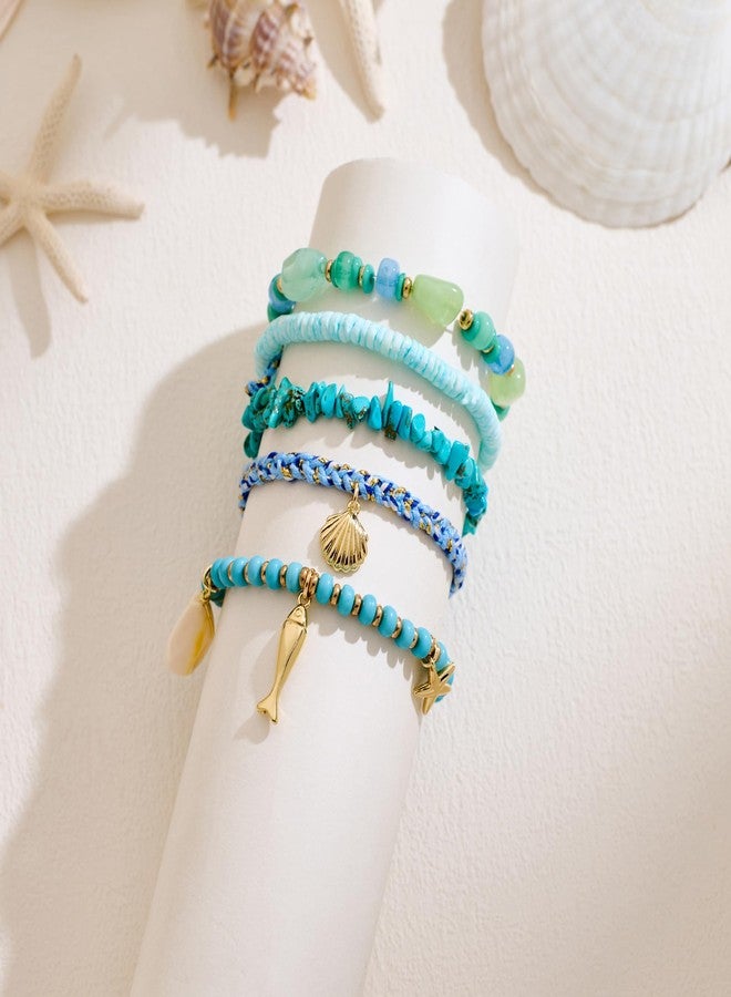 WOWORAMA 5PCS Layered Beads Bracelet Set for Women Gold Sea Shell Fish Charm Bracelet Blue Stackable Summer Surfer Bracelets Boho Multi Layer Strand Bracelets - Image 4
