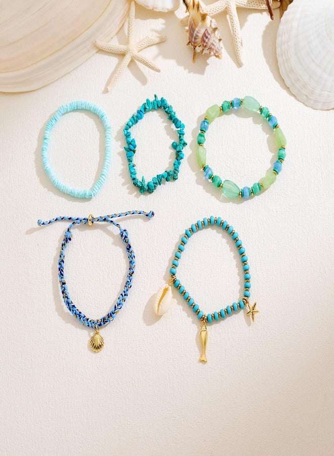 WOWORAMA 5PCS Layered Beads Bracelet Set for Women Gold Sea Shell Fish Charm Bracelet Blue Stackable Summer Surfer Bracelets Boho Multi Layer Strand Bracelets - Image 5