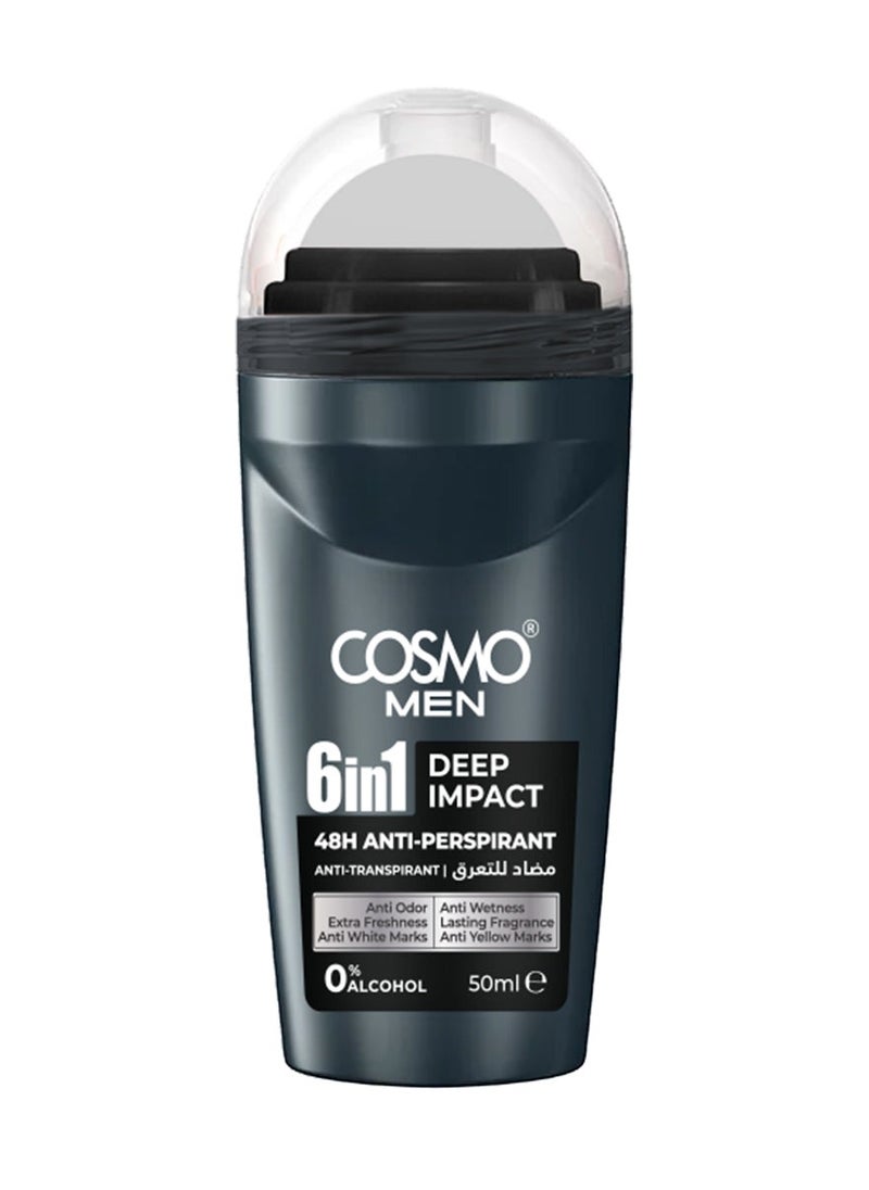 COSMO Cosmo Men Skin Care 6 In 1 Deep Impact Antiperspirant Roll On 50ml, 48H Protection, Anti-Transpirant, Alcohol Free 