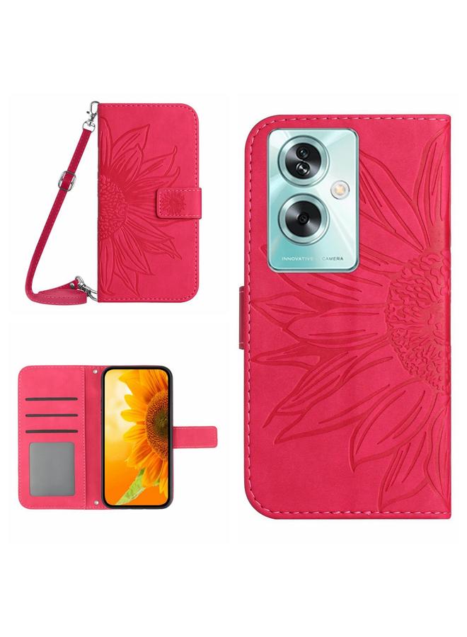 Green Tiger For OPPO Reno11 F 5G/F25 Pro 5G Skin Feel Sun Flower Embossed Flip Leather Phone Case with Lanyard(Rose Red)