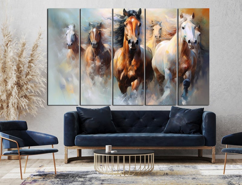 CN RETAILS Vaastu 7 Horses Set of 5 Big Size (48x30) Multiple Frames Wall Art Painting for Bedroom,Drawing room,Hotels-Wooden Framed-Digital Painting ss17_05 - Image 2