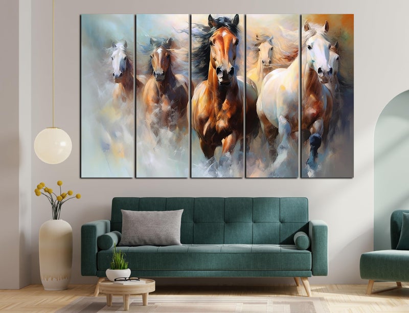 CN RETAILS Vaastu 7 Horses Set of 5 Big Size (48x30) Multiple Frames Wall Art Painting for Bedroom,Drawing room,Hotels-Wooden Framed-Digital Painting ss17_05 - Image 1