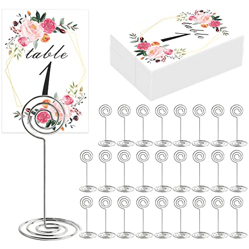 LeeLoon 26 PCS Table Number Holder  Table Card Holder Stand Wire Photo Holder with 26 Pcs Floral Table Number Cards Place Card Holder Stand for Weddings Party Office Paper Memo Menu Note Clips 