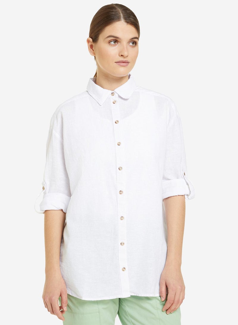 Outventure Women's White Shirt – Cotton & Linen Blend, Breathable Fabric, Loose Fit, Roll-Up Sleeves, Perfect for Summer Travel and Adventures - Image 1
