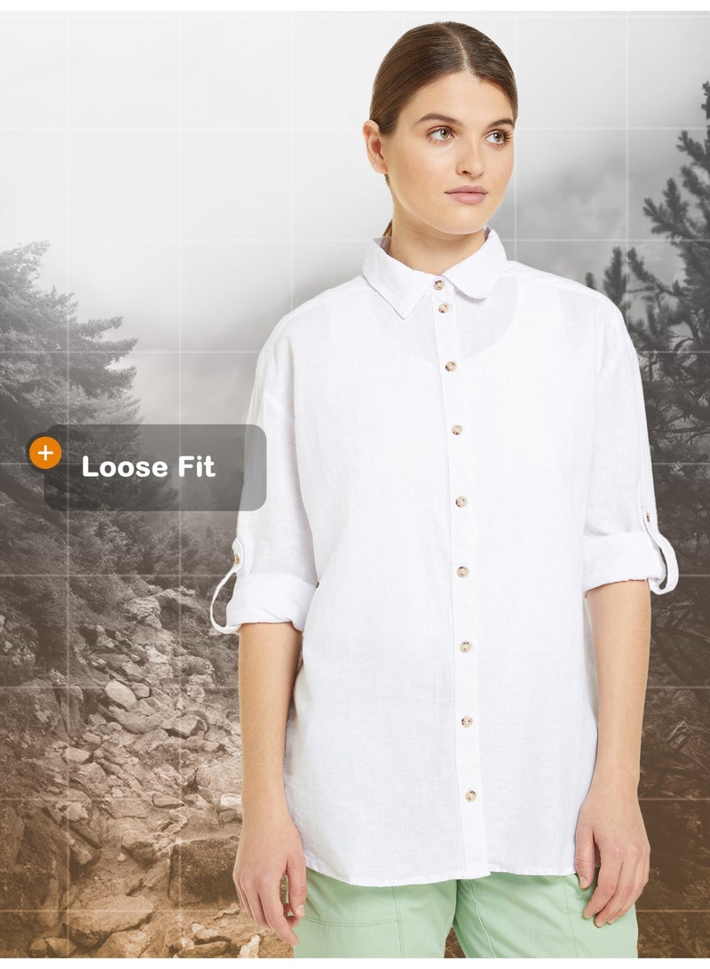 Outventure Women's White Shirt – Cotton & Linen Blend, Breathable Fabric, Loose Fit, Roll-Up Sleeves, Perfect for Summer Travel and Adventures - Image 2