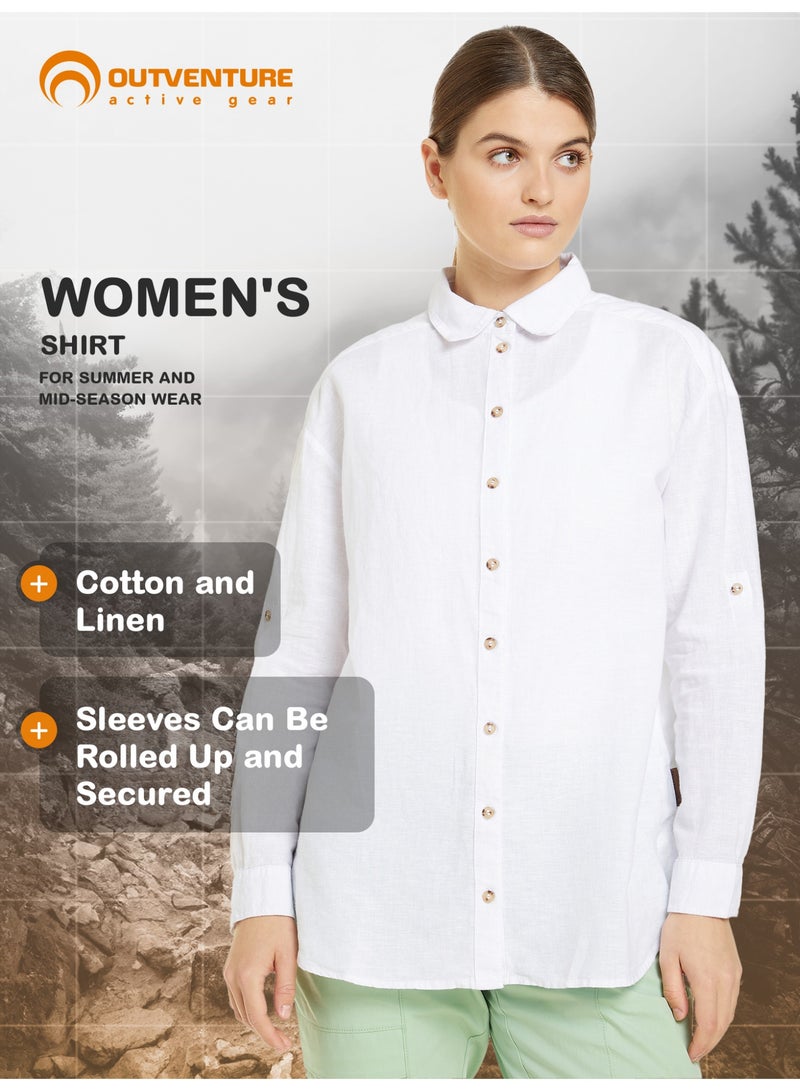 Outventure Women's White Shirt – Cotton & Linen Blend, Breathable Fabric, Loose Fit, Roll-Up Sleeves, Perfect for Summer Travel and Adventures - Image 3