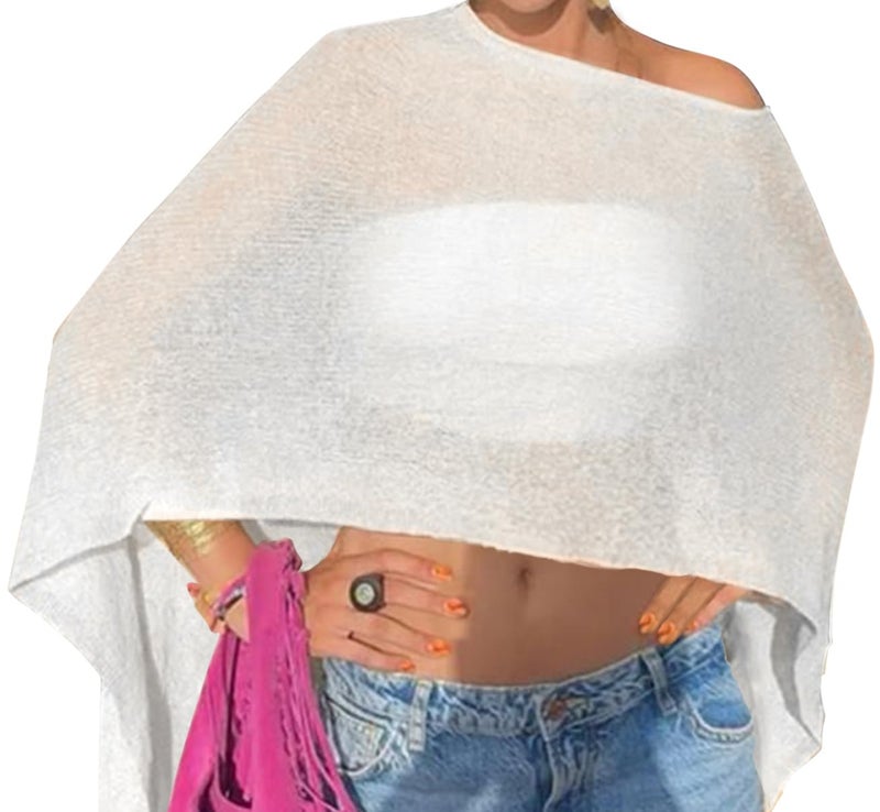 Vicarly Drop Shoulder Sheer Crochet Vacation Outfit Poncho Sweater Top Summer Beach Coverup Women See Though Thru Festival Tropical Shawls Bolero Shrug Rave Resort GoingOut Wear Swimsuit White Medium